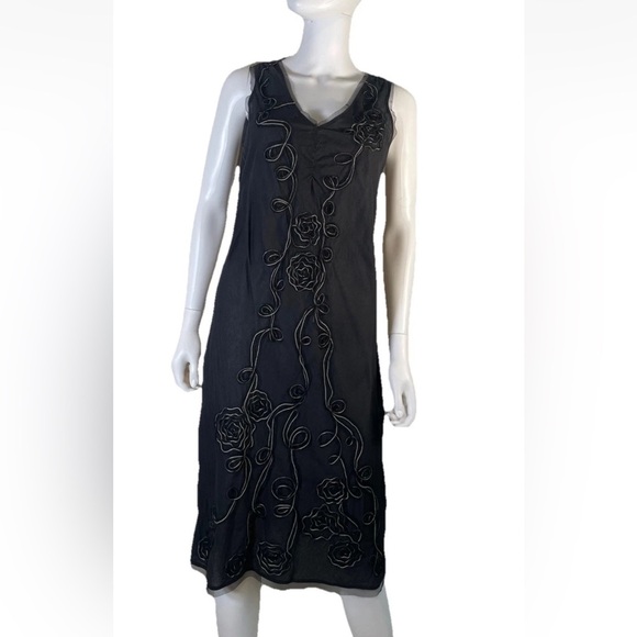 POLECI Black Cotton Midi Slip Dress Sleeveless 3D Flowers Sz 4 Embroidered - Picture 1 of 16